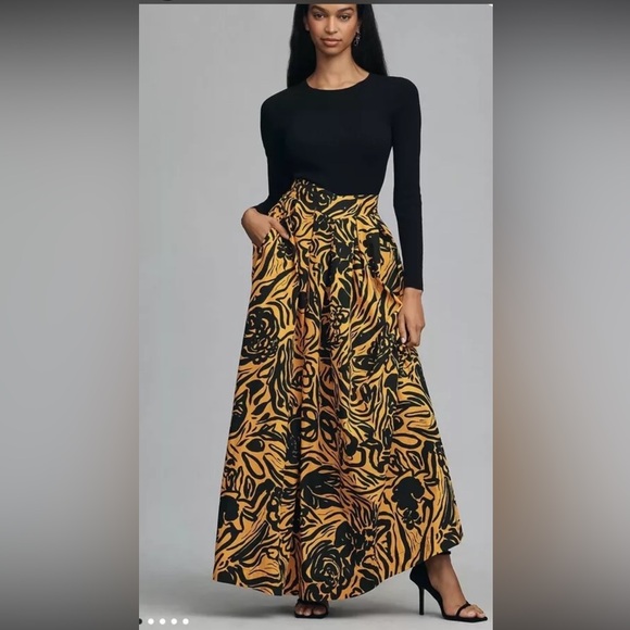 Anthropologie SFV V - Front Maxi Skirt Bold Floral Print Side Zipper Black Gold - Picture 1 of 6